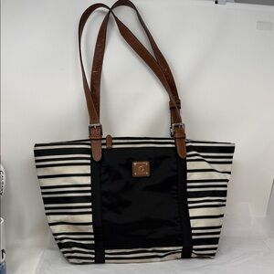 Lauren Ralph Lauren Black White Striped Nylon Tote Bag  Brown Faux Leather Strap